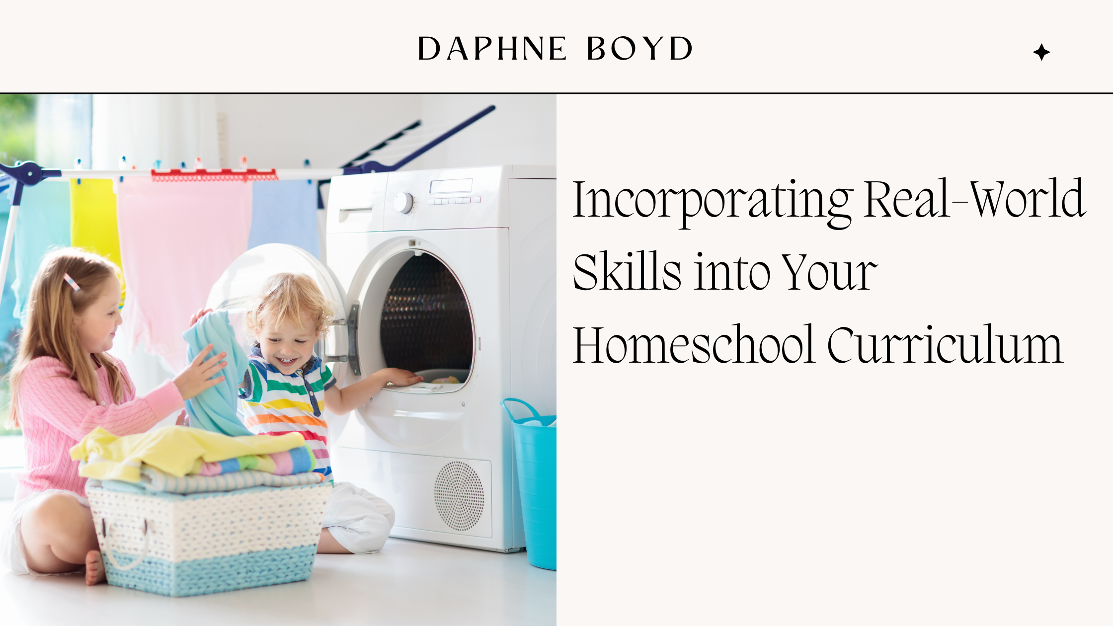 Two children doing laundry together, with a girl handing clothes to a younger boy who is sitting by the washing machine.